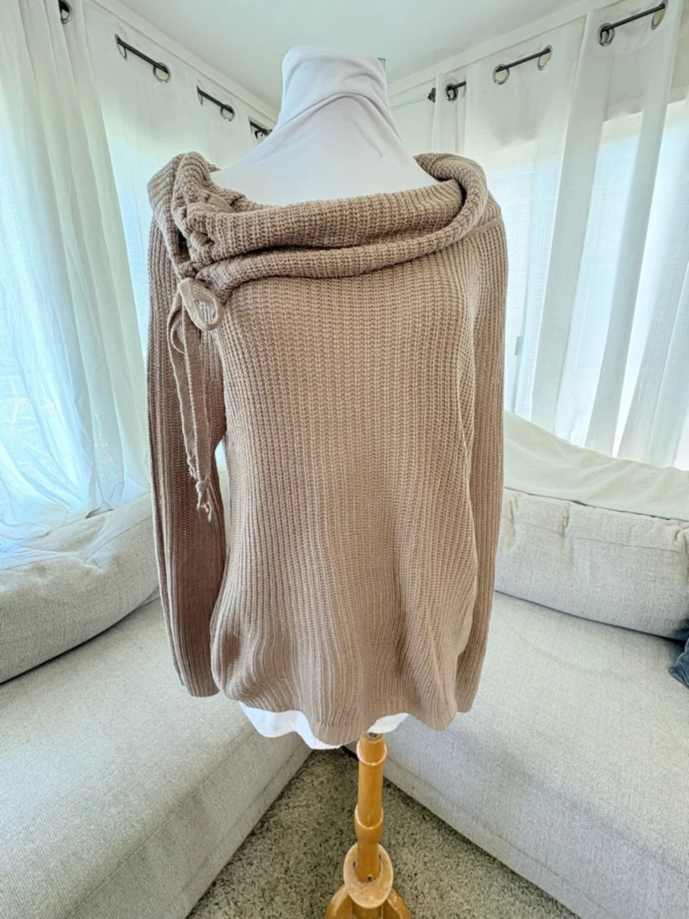 6for$20❤️itemAmbiance Asymmetrical Cowl Tie Sweater - Tan